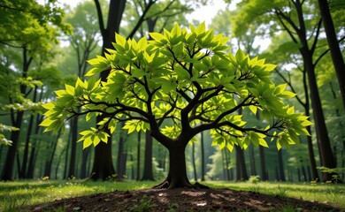 Fototapeta premium A surreal and whimsical scene of a tree with open books as leaves, growing in a lush green forest.