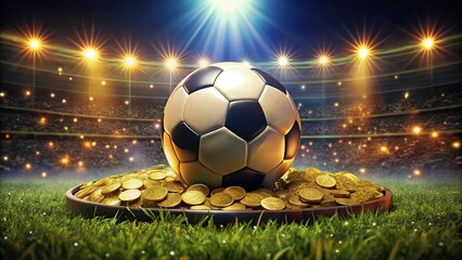 Fototapeta premium Night soccer field, glittering golden coins, AI-generated.