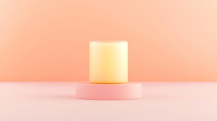 A simple, elegant candle sits on a pink base against a soft peach background, creating a calming and aesthetic ambiance.