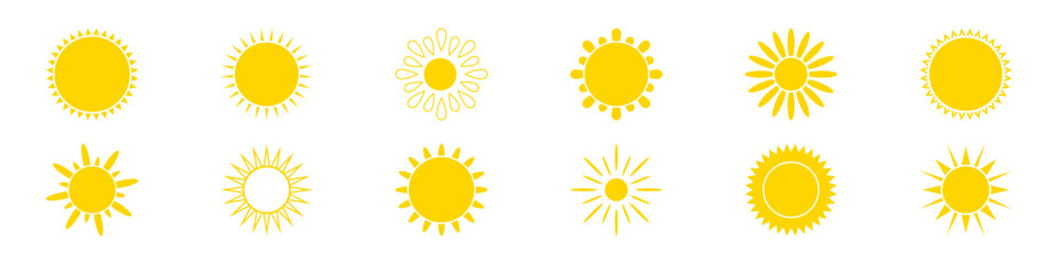 Yellow sun icons set. Summer heat icons. Round solar element. 