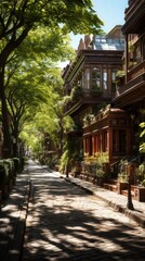 Fototapeta premium Sunny urban street lined with historic homes.