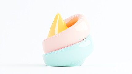 A colorful, abstract sculpture featuring layered shapes in pastel hues, creating a modern and playful aesthetic.