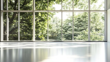 Sunlit room with large window overlooking lush green trees.