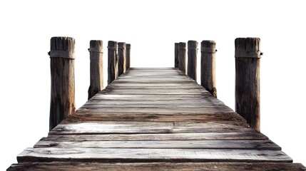 Isolated wooden pier with weathered wooden pillars on a white background, featuring sharp focus, high resolution, and no shadows, perfect for architectural concepts, marine-themed designs