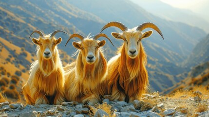 Three mountain goats resting on a rocky hillside with a sunlit valley backdrop