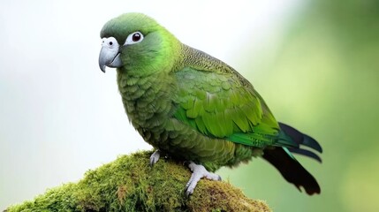 A vibrant green parrot perched on mossy terrain.