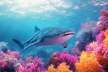 Fototapeta premium Majestic Whale Shark Gracefully Swimming Amidst Vibrant Coral Reef