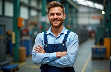 Fototapeta premium Confident young factory worker stands indoors. He wears work uniform and happy expression. Factory environment with equipment in the background is visible. Man looks professional and ready for work.