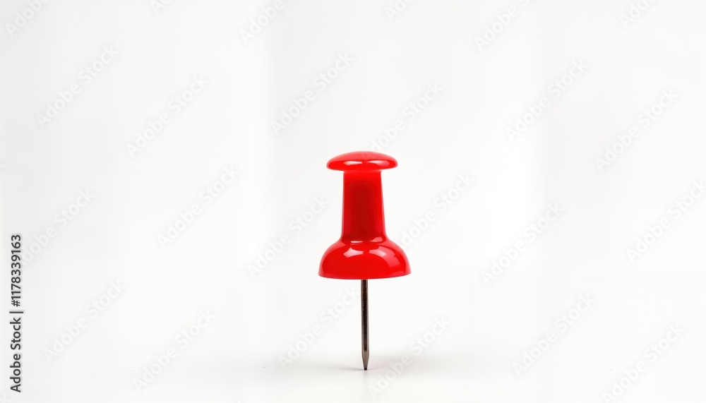 Poster Red push pin on plain white background. Simple office supply. Isolated object. Suitable for design projects. Useful for marking locations on maps documents. Versatile tool for graphic design. Easy to