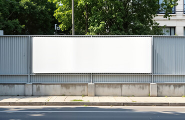 Blank white banner on construction site fence. Outdoor urban setting. Modern business advertisement design. Empty billboard. Potential for custom marketing. Commercial space. Construction area.