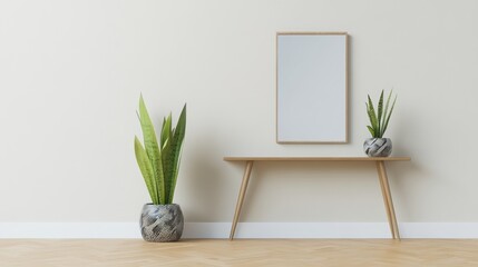 Minimalist interior with plants and a mirror on a wooden table.