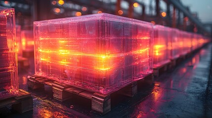 Transparent Pallets with Glowing Products Displaying Real Time Data and Location Info for Efficient Supply Chain Logistics