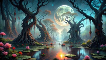 Fototapeta premium Enchanted Swamp with Ancient Trees Under a Full Moon's Glow, Lush Water Lilies, and an Ethereal Atmosphere