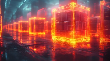 Fototapeta premium Transparent Pallets with Glowing Products Tracked by Real Time Data and Location Info Business Supply Chain Concept