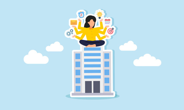 A businesswoman with many hands holding work-related items sits on top of an office building, illustration of multitasking and multi-talented people completing business tasks