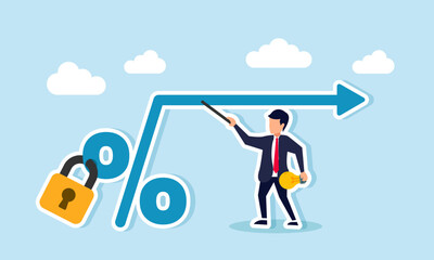 Obraz premium A businessman holding a lamp and a pointer explains an arrow originating from a sealed percent sign, illustration of education on the importance of creativity in business performance stability