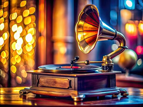 Gleaming vintage radiogram, vinyl spinning, detailed close-up reveals 60s style.