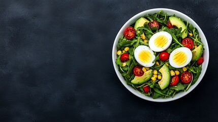 Delicious healthy food corn salad with avocado and hardboiled eggs kitchen food photography vibrant colors close-up nutrition focus