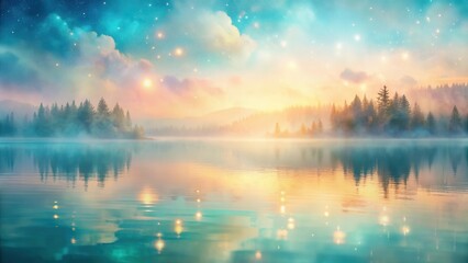 Enchanted Lake at Dawn Misty Pines Reflecting Starry Sky and Serene Waters