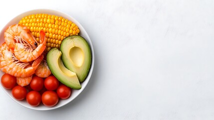 Healthy food plate featuring shrimp corn and avocado slices bright kitchen setting food photography clean aesthetic