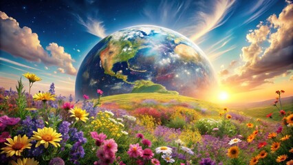 A vibrant, colorful meadow blossoms beneath a majestic, luminous Earth, bathed in the golden rays of a breathtaking sunrise, creating a scene of idyllic serenity and natural wonder.