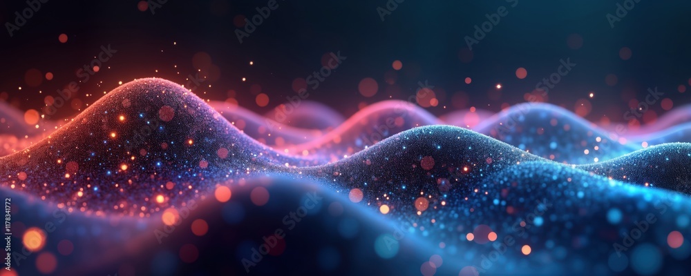 Poster Abstract digital background features glowing waves of particles. Dynamic motion in tech scene. Multicolor effect creates vibrant tech image. Futuristic design for business, technology. Suitable for