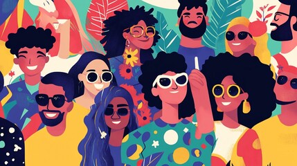 Diverse group of happy people wearing sunglasses, celebrating.