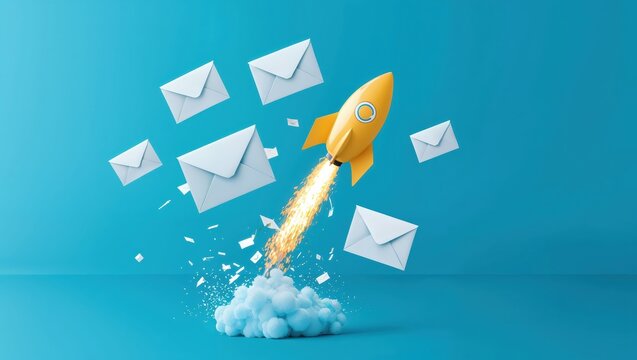 A playful scene unfolds with a vibrant yellow rocket blasting off among floating white envelopes, symbolizing rapid communication in a digital-driven world of today.