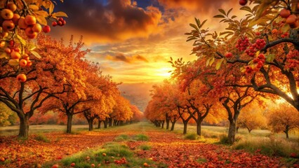 Fototapeta premium Autumnal Orchard Pathway at Sunset A Majestic View of Vibrant Fall Foliage and Golden Hour Light