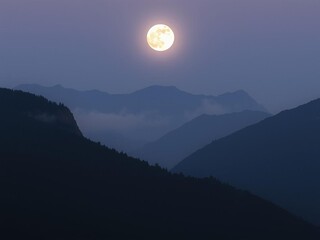 Fototapeta premium Majestic full moon rising over misty mountain peaks, casting a soft glow on the serene landscape, tranquil, beauty, full moon