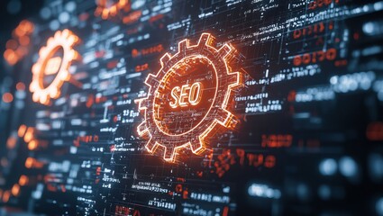 Obraz premium Illuminated Gear Representation of SEO Concept Integrating Digital Elements in a Technological Environment for Enhanced Online Visibility and Marketing Strategies