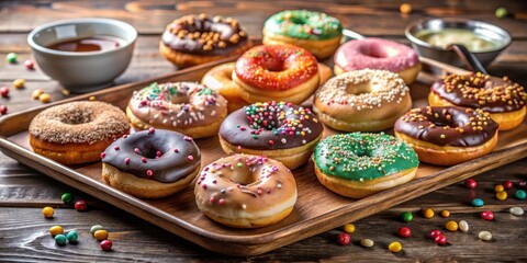 A Delicious Assortment of Sweet Doughnuts with Colorful Sprinkles on a Wooden Tray