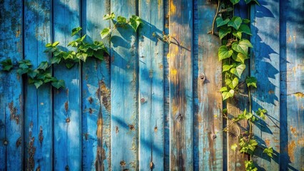 Rustic Weathered Blue Wooden Fence with Vibrant Green Climbing Ivy Plants in Sunlight
