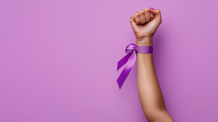 Woman featuring raised fists with purple ribbon on her wrist symbolizing strength. Gender equality in women's rights. Women's Day concept