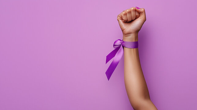 Woman featuring raised fists with purple ribbon on her wrist symbolizing strength. Gender equality in women's rights. Women's Day concept