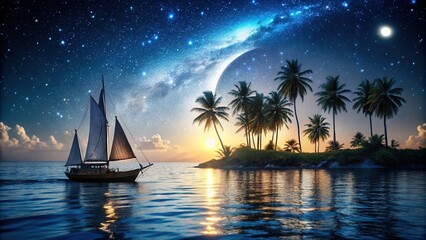 Naklejka premium Tropical night sailboat, AI-generated island seascape.