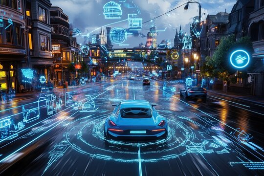 Futuristic Cityscape: Autonomous Vehicle Navigates Smart Roads with Augmented Reality Interface at Night