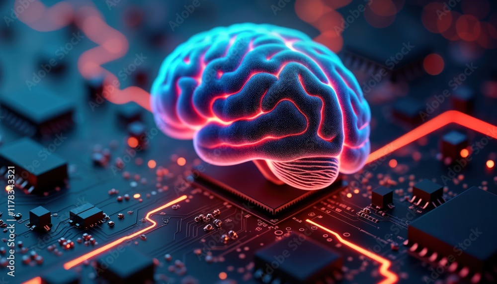 Poster Glowing neon brain rests on electronic circuit board. Futuristic tech concept of artificial intelligence, quantum computing. Cybernetic brain integrated into machine learning system. Innovation in