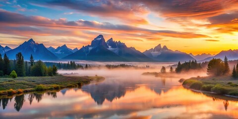 Serene Sunrise Over Misty Mountain River Valley with Majestic Peaks Reflecting in Calm Water