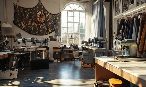 Cozy Workshop Interior with Natural Light, Featuring Sewing Machines, Tools, and Artistic Decor, Perfect for Crafting Enthusiasts and Makerspaces with ai generated.