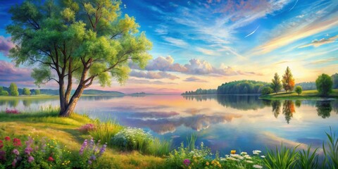 Serene Lakeside Panorama A Solitary Tree by Calm Waters at Sunset, Reflecting Peaceful Sky and Lush Greenery