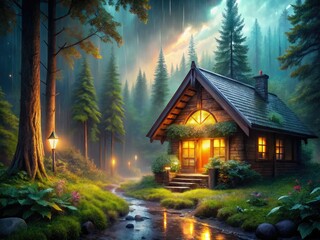 Fototapeta premium Glowing cottage lights pierce the dark fantasy forest rain, enchanting a magical wooden haven.