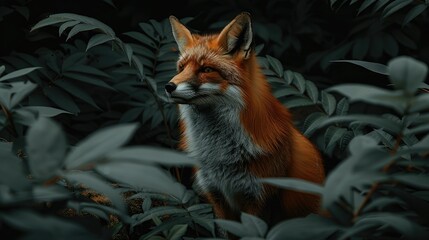 Red fox hiding in dark green foliage, wildlife portrait, nature background