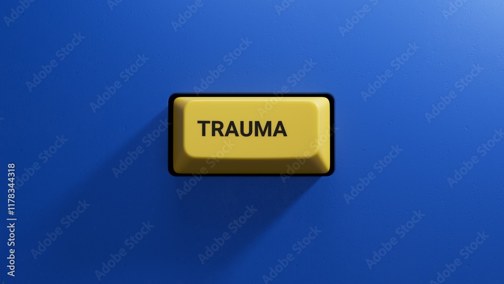 Aufkleber yellow button with trauma business word.close up button of keyboard,business concept.3d rendering on