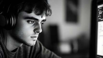 A student with headphones, focused on an online course, taking notes and working towards mastering new skills for personal success