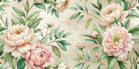 Elegant Pastel Peonies and Lush Greenery A Seamless Floral Design for Exquisite Home Decor