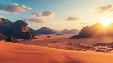 Naklejka premium Vibrant sunset over vast desert landscape with majestic mountains.