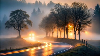 Fototapeta premium Serene Sunrise A Winding Road Through Misty Fields and Silhouetted Trees at Dawn