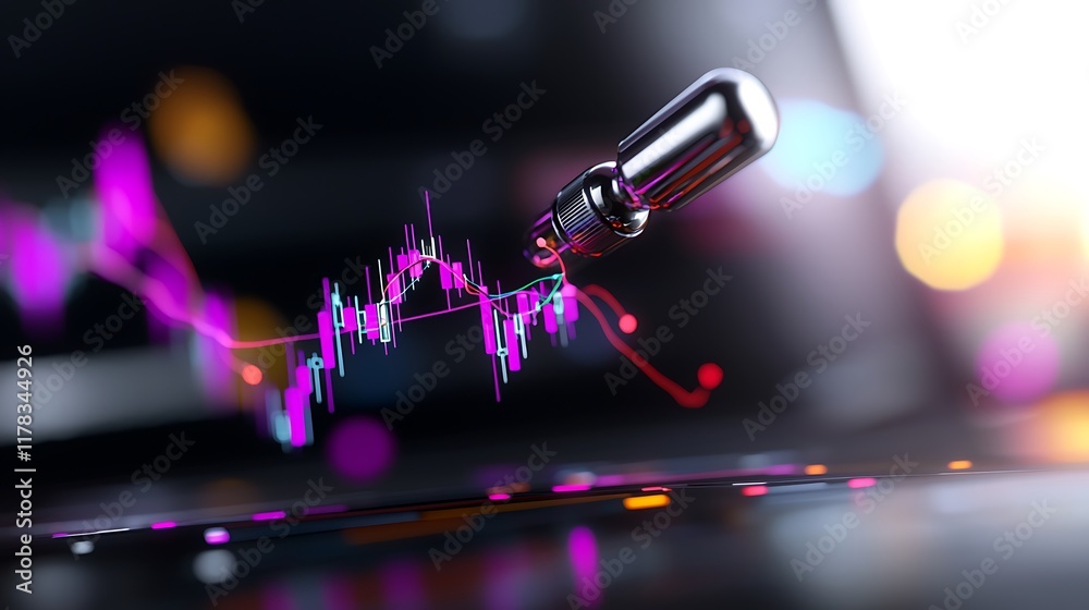 Poster metallic pointer hovers over dynamic stock market graph displayed on a digital screen.
