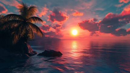 Vibrant sunset over tropical ocean with palm tree.